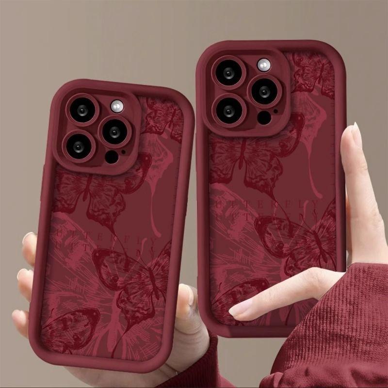 Retro Red Butterfly Silicone Couple Phone Case for iPhone 11 12 13 14 15ProMax XS XR 7 8 Plus SE20 Camera Lens Protection Cover
