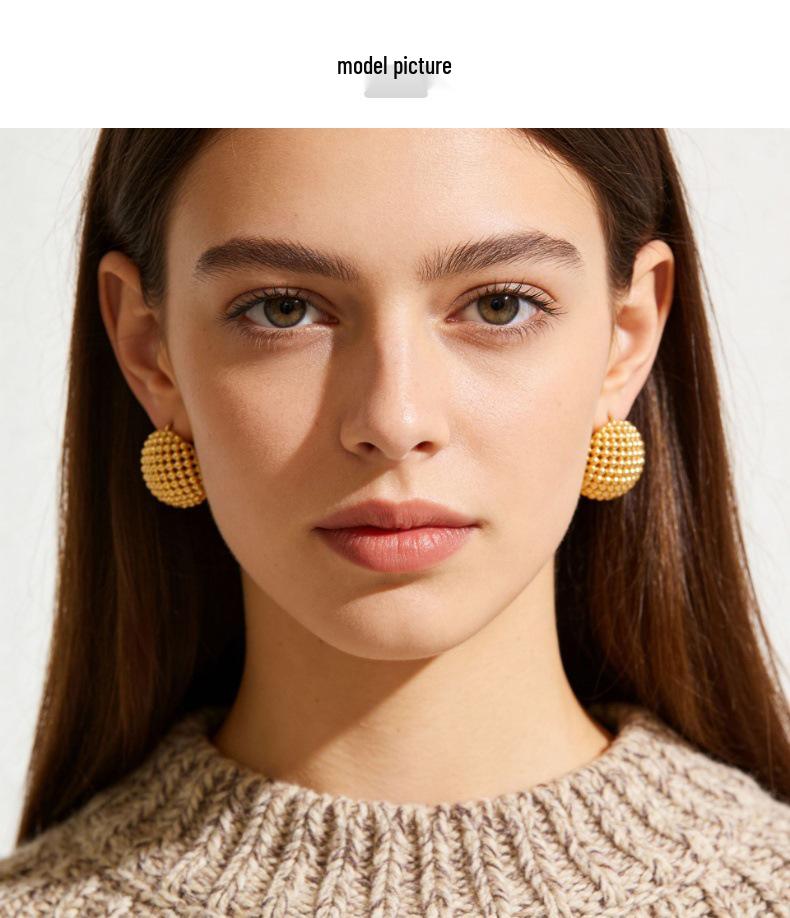 18K Gold Plated Hollow Round Ball Stud Earrings - European & American High-End Light Luxury Design