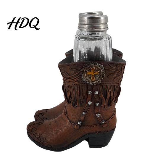 Glass Salt And Pepper Dispenser Western Cowboy Boot Resin Shaker Set Creative Boots Spice Shaped Condiment Bottles Rustic Table Kitchen Tabletop