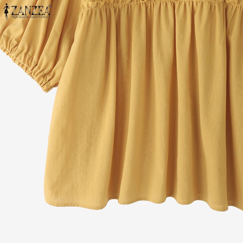 ZANZEA Oversized Women O-neck Half Sleeve Solid Color Casual Loose Ruffled Blouse