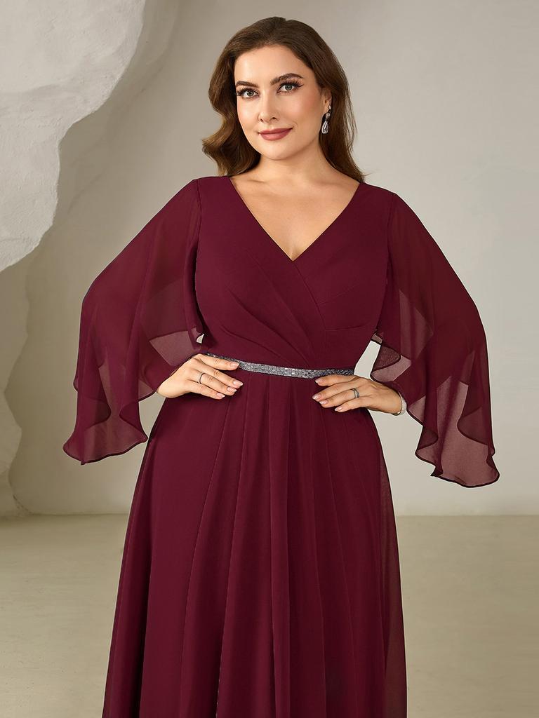 Ever-Pretty Women's Plus Size 3/4 Ruffle Bell Sleeve Deep V-Neck A-Line Midi Wedding Guest Dresses