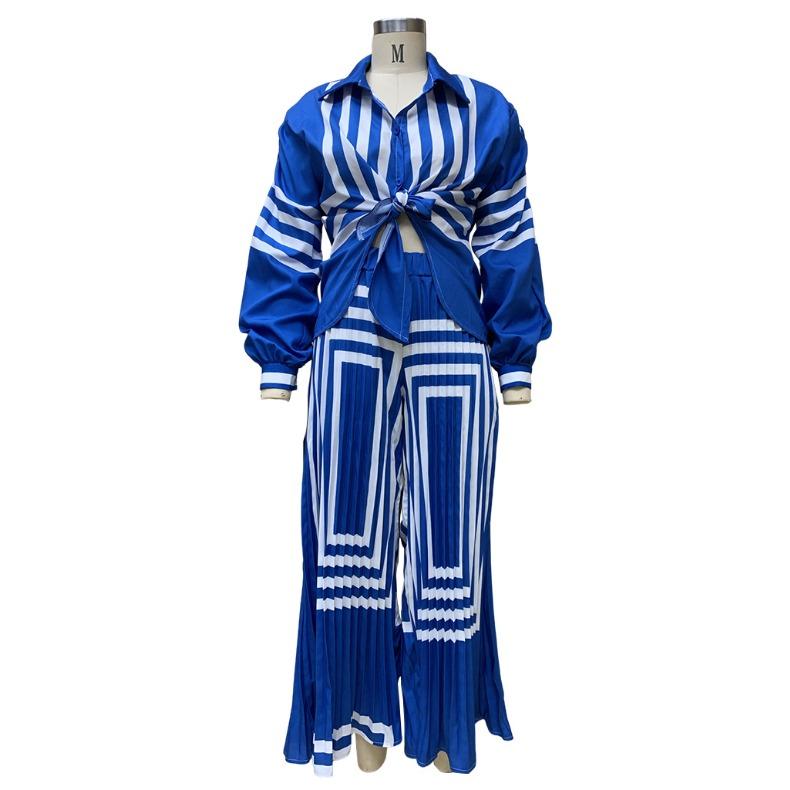 QICED Autunno Moda Donna Camicia Stampata a Righe Suit Pantaloni Gamba Dritta Pieghettati Gamba Larga