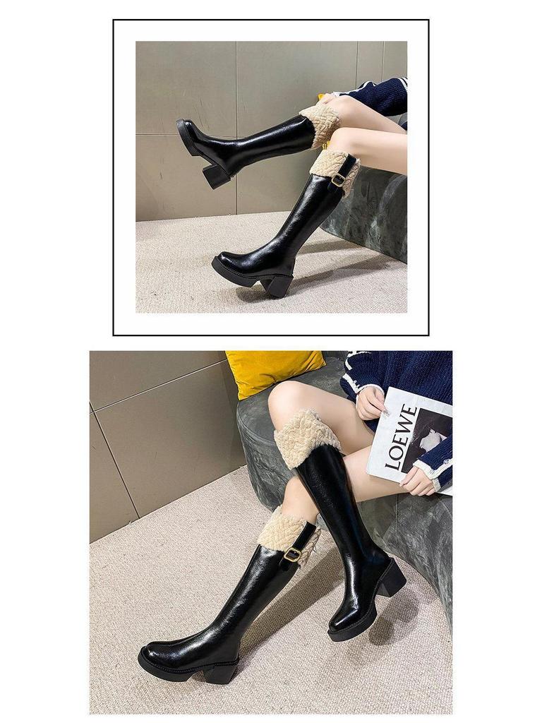 Women's Fleece-Lined Over-the-Knee Cotton Boots with Chunky High Heels and Furry Slimming High-Shaft Design