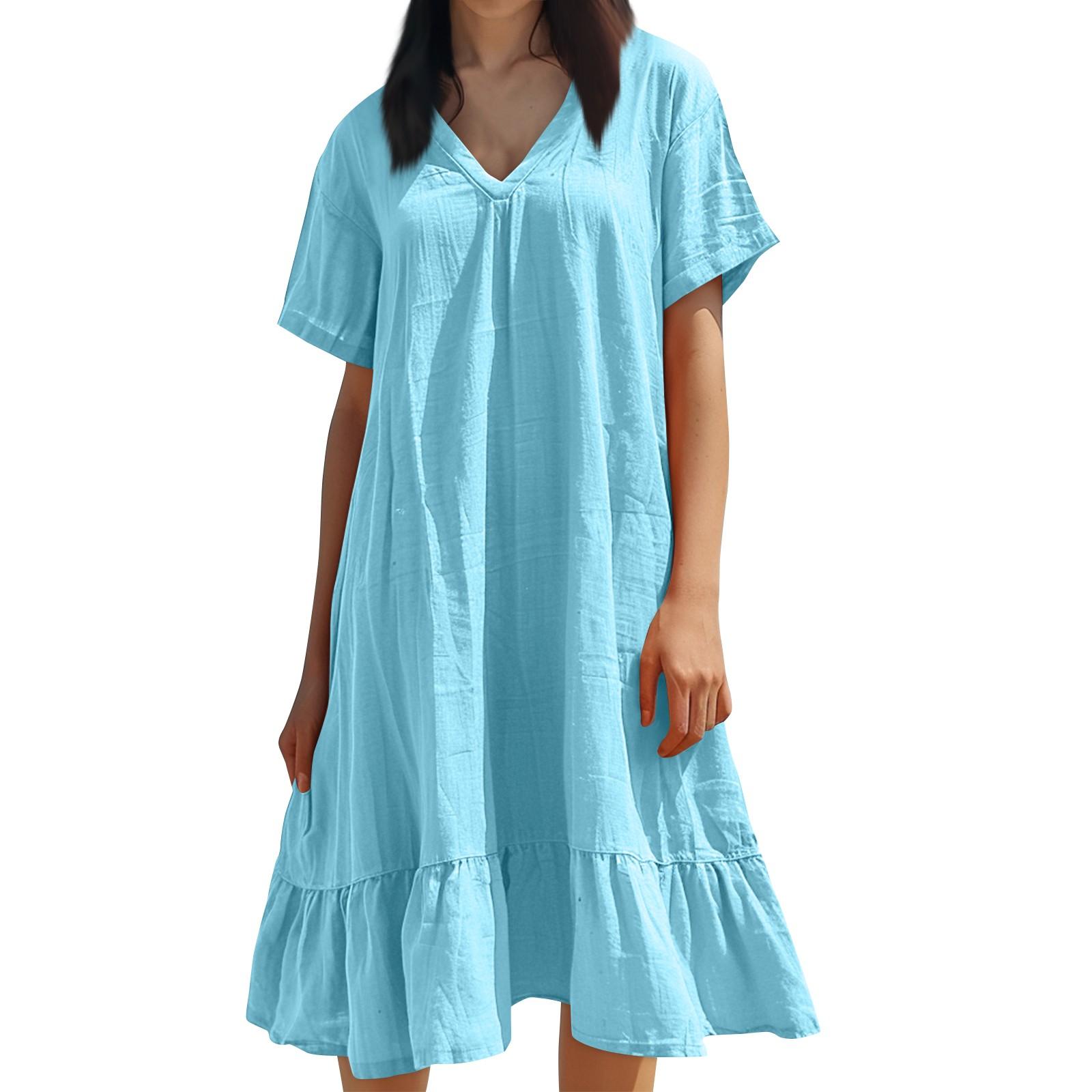 

Женское летнее однотонное платье с короткими рукавами и кружевным v-образным вырезом с большим подолом XXL синий