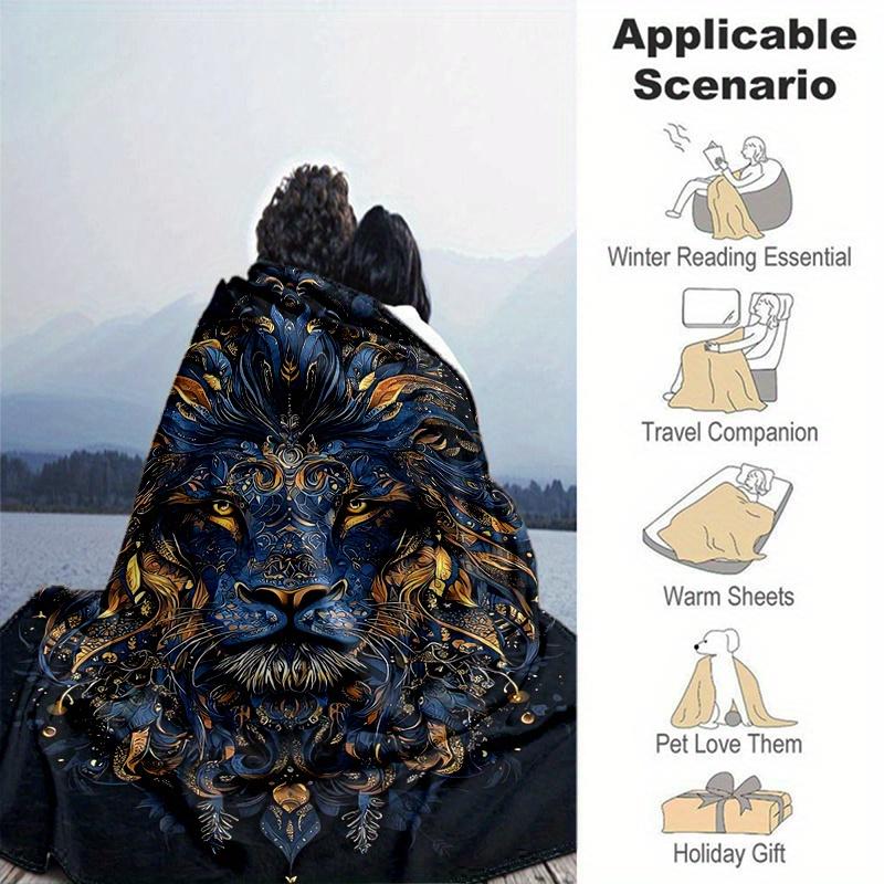 1pc Blue and Gold Ornate Lion Portrait Blanket  Soft and Cozy for All Seasons, Living Room, Travel, Camping, Car Blankets