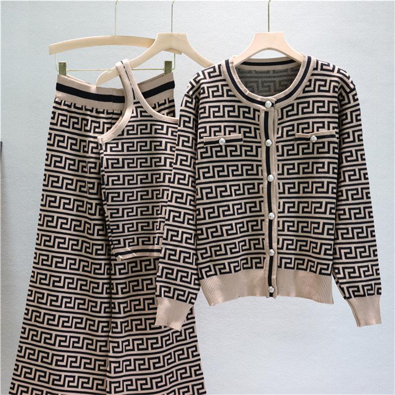 Autumn And Winter Jacquard Knitted Cardigan Women's Suit Jacket Vest And Pants Three Piece Set