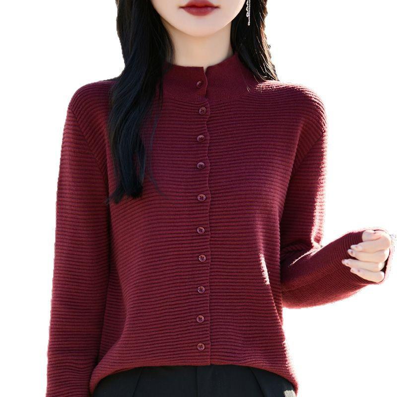 Women's Spring Fine Wool Cardigan - Half-High Collar, Solid Color, Loose, Slimming Sweater Coat
