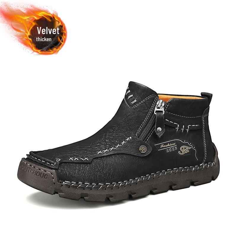 Men's Martin Boots: Autumn/Winter Zipper Casual Short Boots with Plus Size, Handmade Stitching, and Velvet Lining.