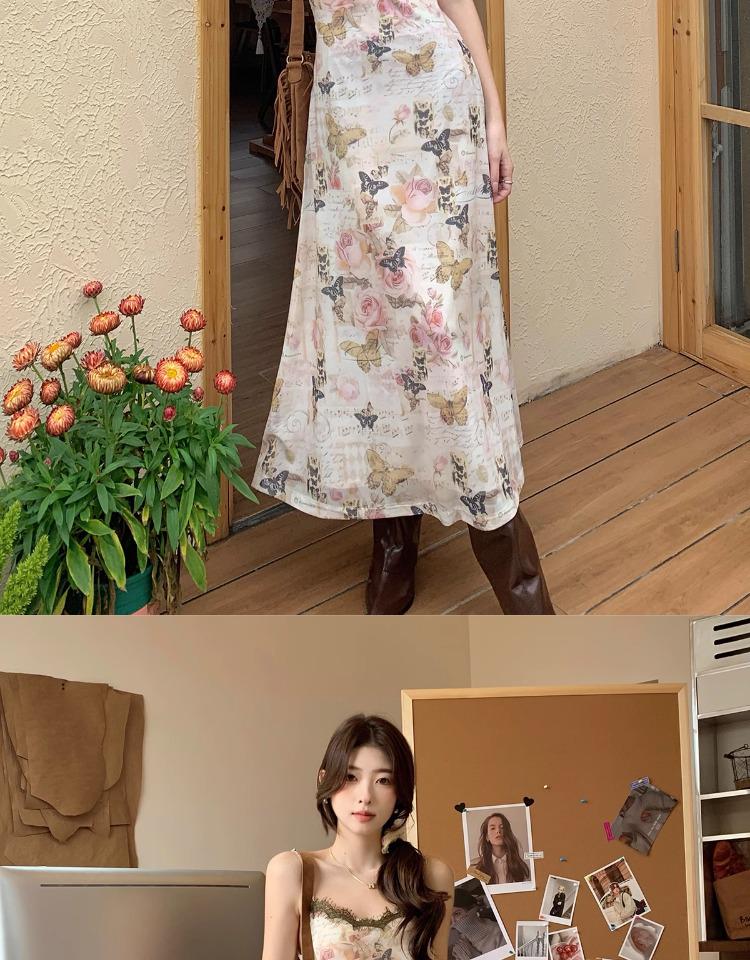 Butterfly Floral French Camisole Dress: V-Neck, Slim Fit, Cinched Waist, Bodycon Long Dress - Perfect for Summer Vacation.