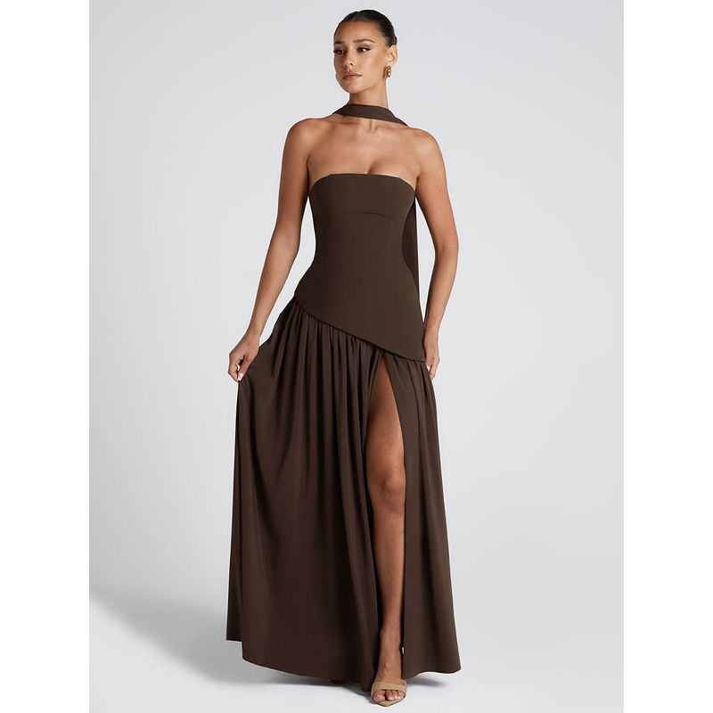 Shemoda Fashion Style Sexy off-Neck Tube Top Dress Women's Stylish Patchwork High Slit Draping Long Dress