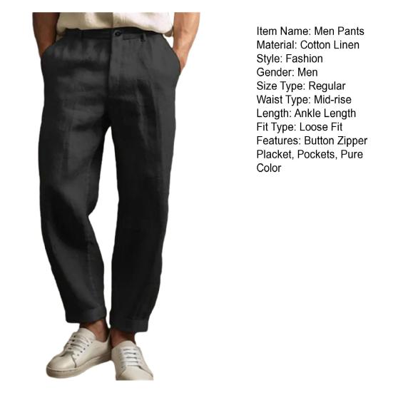 Heren Broek Middelhoge Taille Knop Rits Sluiting Casual Broek met Zakken Effen Kleur Losse Pasvorm Lichtgewicht Ademende Broek