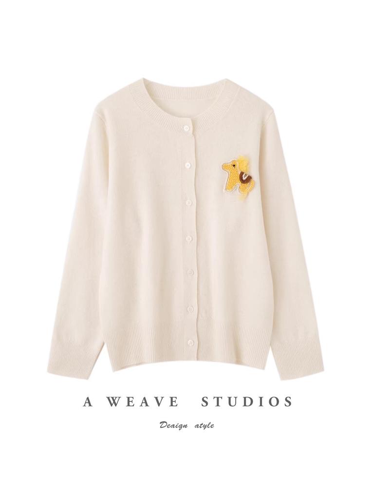 Women's 100% Wool Jacquard Knit Cardigan - Loose Round Neck, Cashmere Blend