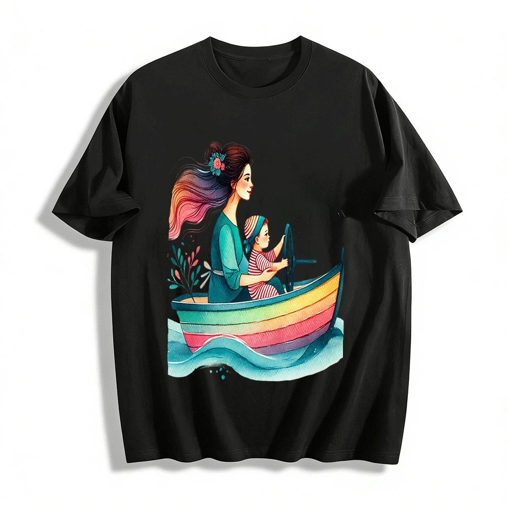 Warm Parent-child Sailing Time Print Casual Top For Adults & Kids Pure cotton T-shirt XXS