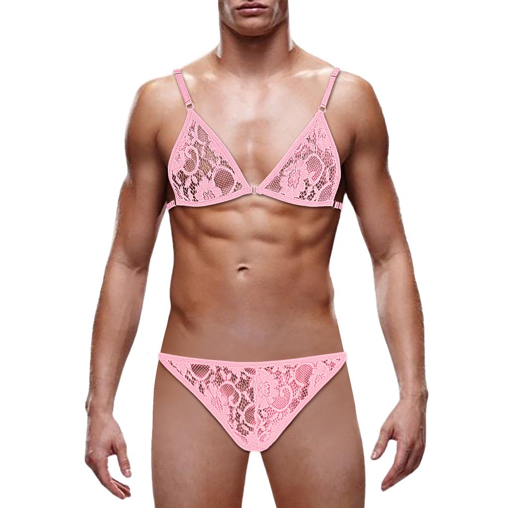 Grote Mannen Sissy Bikini Crossdressing Lingerie Set Kant Doorzichtig Bh Top Met Broekje Strings Ondergoed Gay Nachtkleding Mtf Nachtkleding