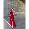 Red Three-dimensional Flower Neck Dress Women's Summer Slim Dress Long Dress Pure Waist Split Hip Skirt