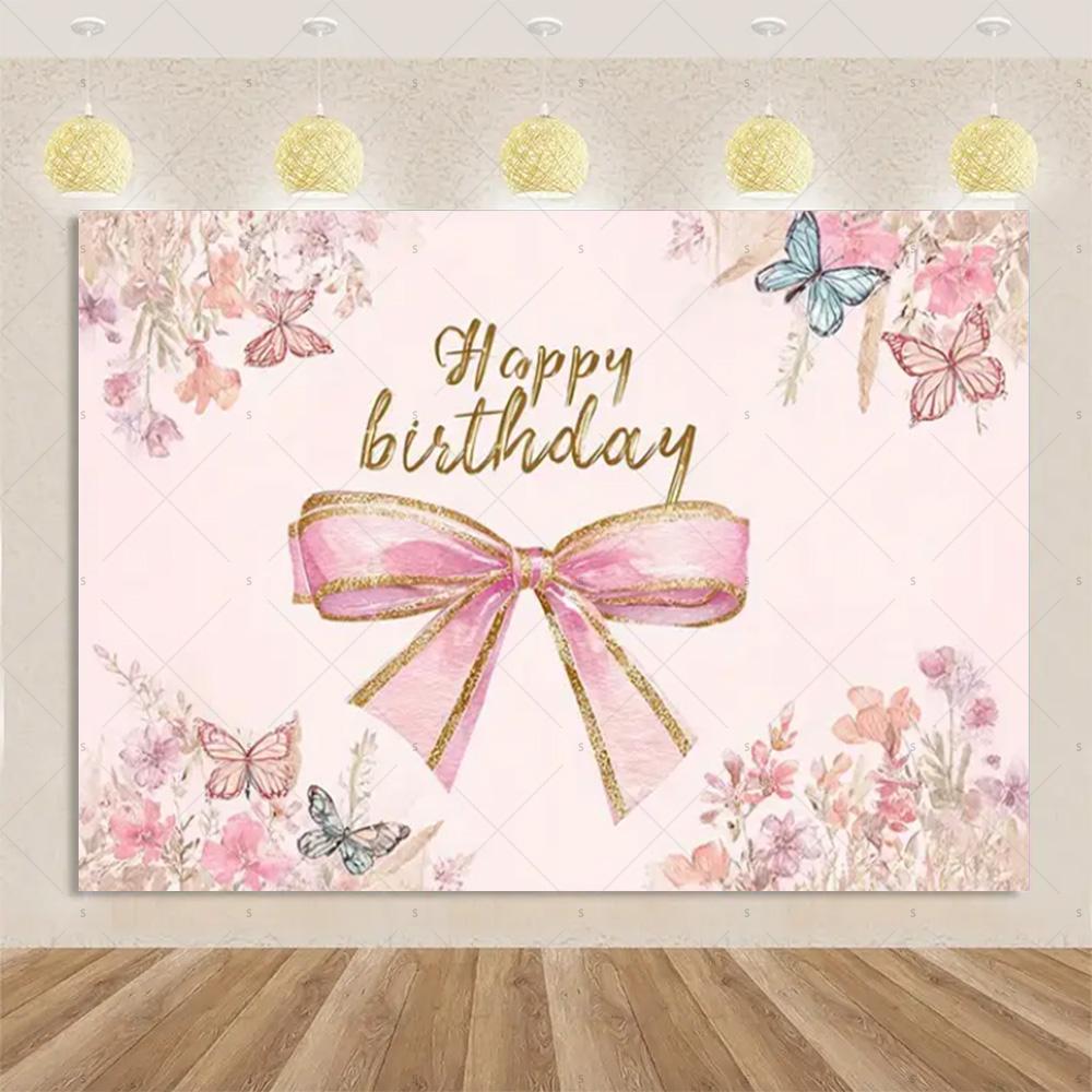 Pink Bow Tie Background Banner Girls Birthday Party Decorations Balloon Flower Photography Backdrop Supplies Photo Shoot Props