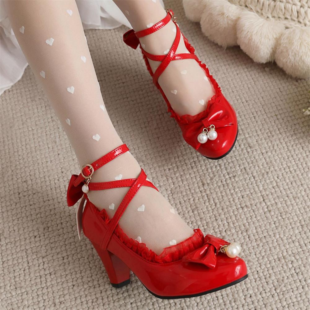 Mode Frühling Damen High Heels Kreuzriemen Mary Jane Pumps Party Hochzeit Cosplay Weiß Rot Schwarz Schnurperle Schleife Prinzessin Lolita Schuhe