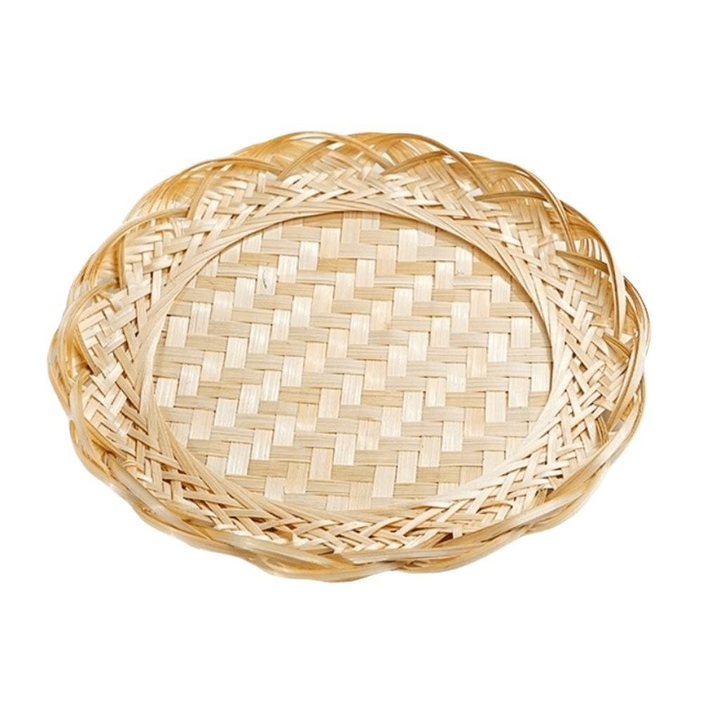 Scalloped Edge Woven Bamboo Tray Round Fruit Snack Serving Tray Bamboo Woven Basket Fruit Serving