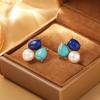 Natural Lapis Lazuli Geometric Pearl French Elegant Temperament High-end Silver Needle Earrings for Women .