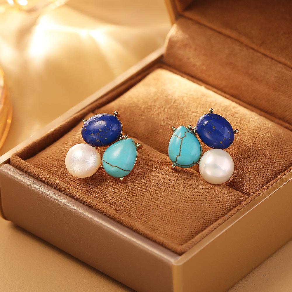 My Fine Jewelry Women's Silver Natural Lapis Lazuli Geometric Pearl French Elegant Temperament High-End Needle Earrings For