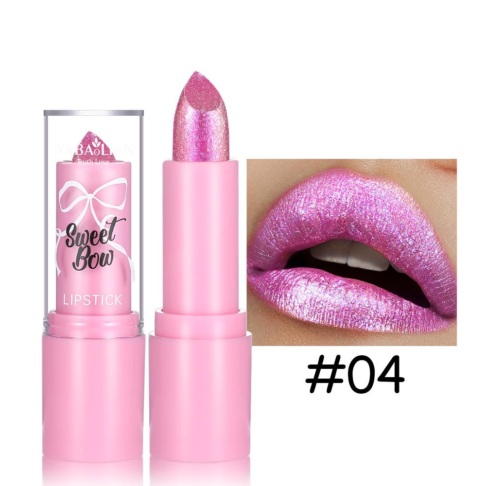Bow Glitter Lipstick Bright Rose Pink Diamond Lipstick Mirror Pearlescent Shine Waterproof Long-Lasting Glossy Lip Tint Makeup