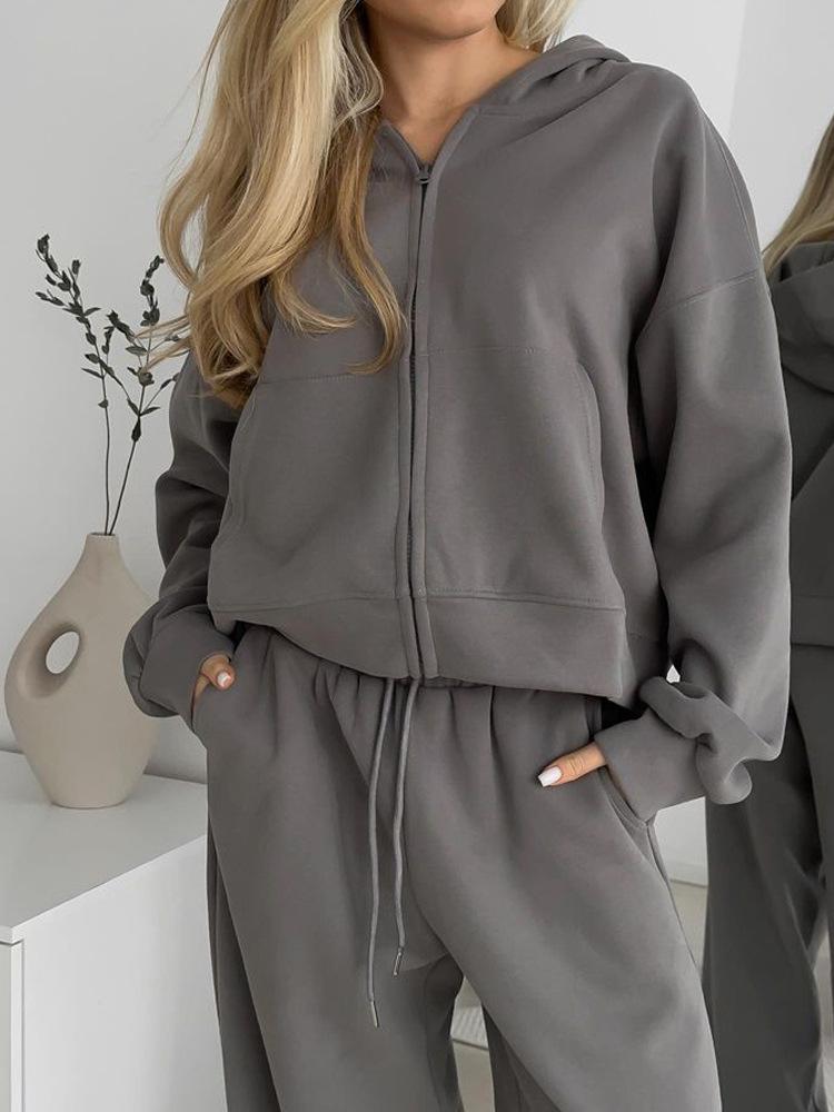 Winter Zipper Hooded Sports Cardigan With Tie Up Pants Two-piece Casual Suit For Women