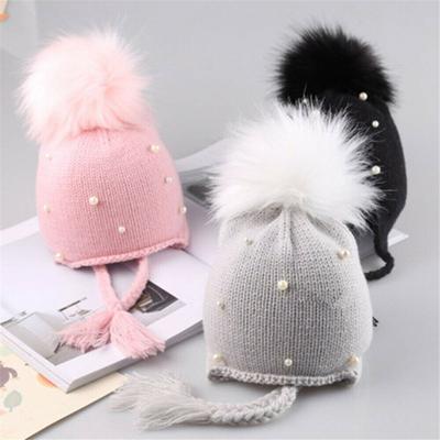 Newborn Infant Kids Baby Boy Girls Cute Pearl Hats Hair Ball Earbud Pearl Crochet Winter Warm Knit Hats Cap