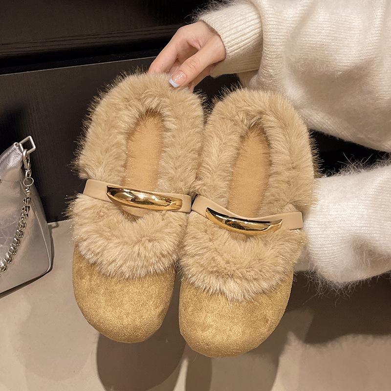 

Plush Shoes for Women Slip on Cotton Slippers Autumn Winter Fashion Soft Sole Mary Janes Furry Loafers Comfortable Zapatos Mujer 40 хакі