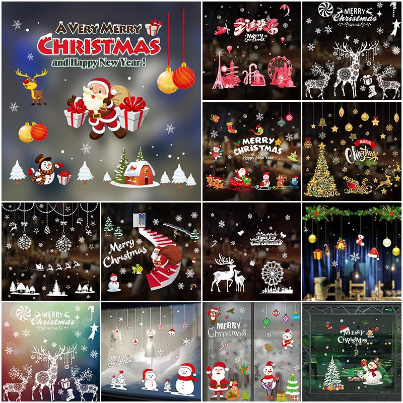 2020 Christmas Merry Window Wall Sticker Decals Snowflake Santa Claus Decor Xmas