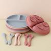 3PCS Baby Silicone Feeding Dishes Plate Children Plate Sucker Feeding Bowl Wood Fork Spoon Set Toddler Training Tableware