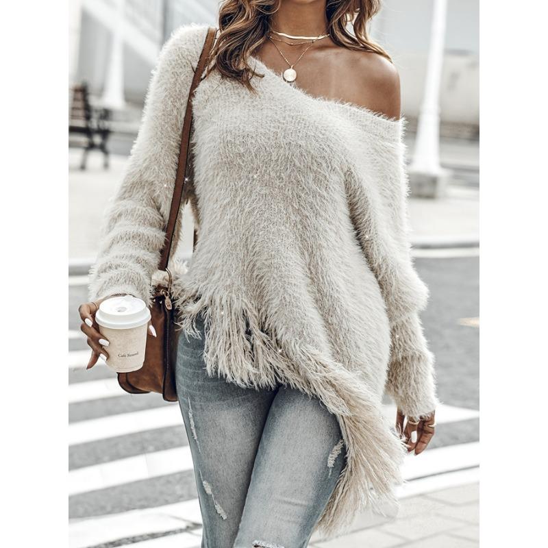 Women'S Elegant Off-Shoulder Fringe Sweater - Long Sleeve, Asymmetrical Hem, Solid Color,   Cute Sweaters