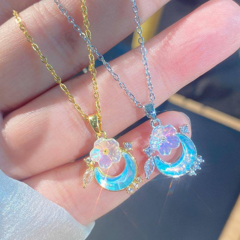 Blue Ocean Moonstone Moon Flower Titanium Steel Zircon Clavicle Necklace For Women