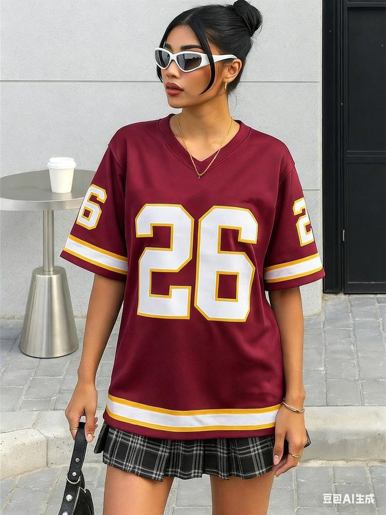Amerikanisches Baseball-Nummer-bedrucktes kurzärmeliges T-Shirt V-Ausschnitt Locker Trendige Streetwear Y2K Top Sommer Damen-T-Shirts