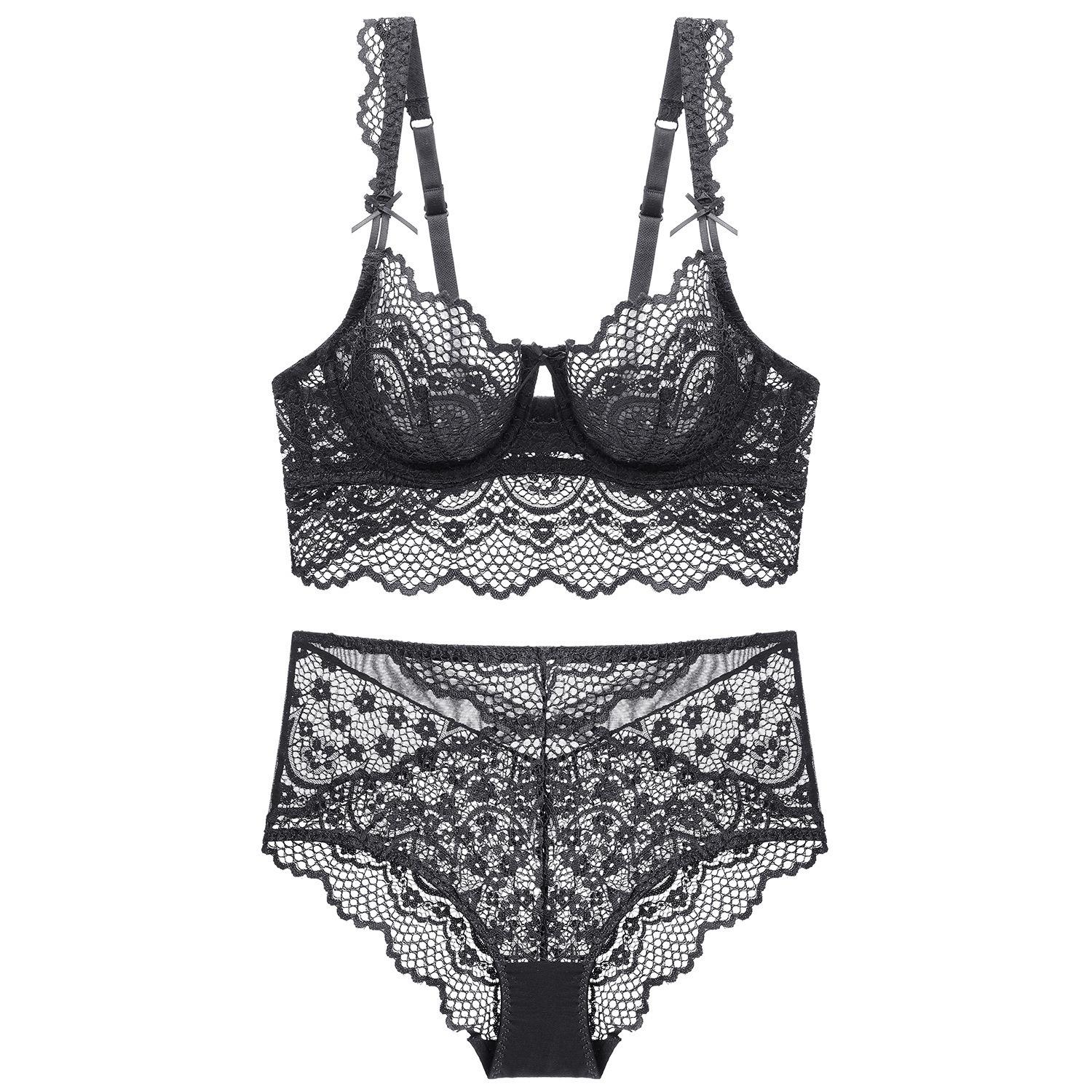 

Сексуальное ультратонкое кружевное нижнее белье для женщин, удобное и дышащее, большая грудь показывает маленькую грудь, собирает и поддерживает бюстгальтеры больших размеров 85D чёрный
