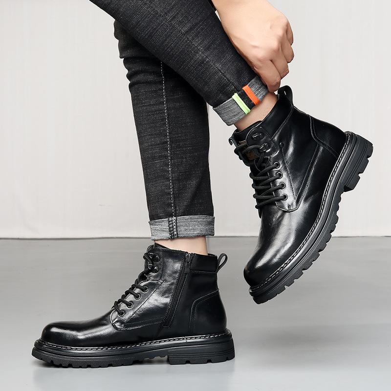 Autumn Winter Cow Leather Boots for Men Anti-slip Thick-soled Fleece Warm Men's Shoes New Designer Platform Fashion Work Boots