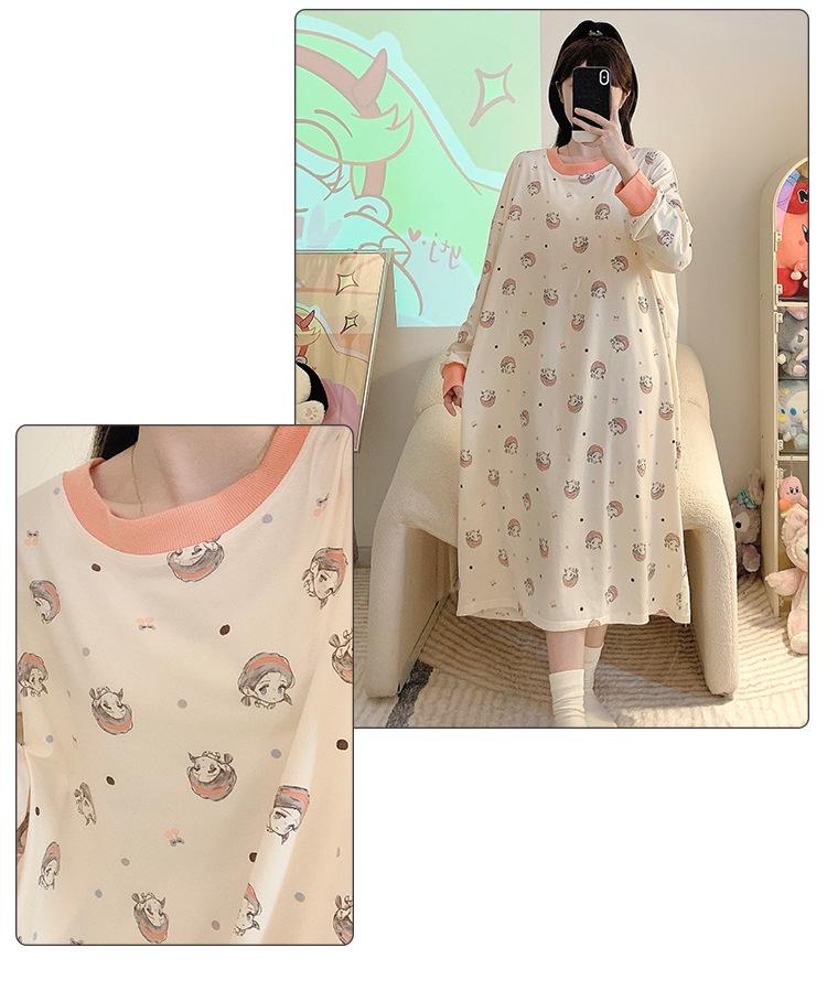 Nachthemd aus reiner Baumwolle in Übergröße mit Cartoon-Motiv (250 Jin) - Langärmliges, mittellanges Oberteil für Frühling/Herbst, geeignet für Zuhause oder als Freizeitkleidung für draußen