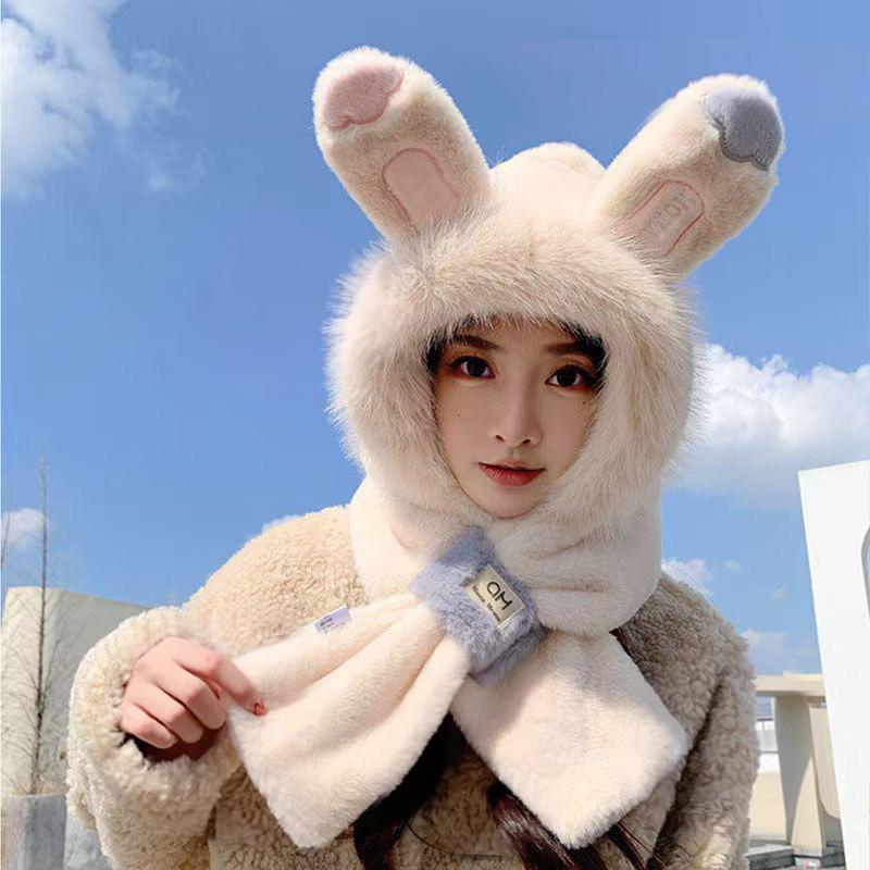 Sombrero de Peluche con Orejas de Conejo y Bufanda Para Mujer Estilo Invierno Lindo Grueso Cálido Protector de Orejas Sombrero Lei Feng