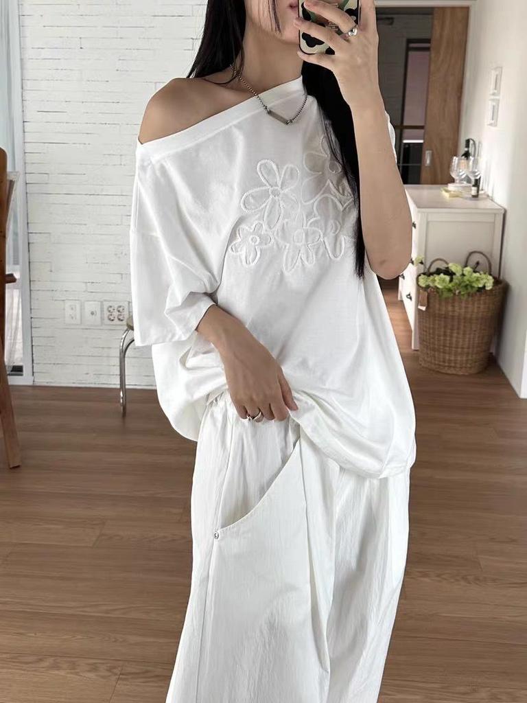 Floral Embroidered Off-Shoulder Short Sleeve Women's Summer Loose Casual Top