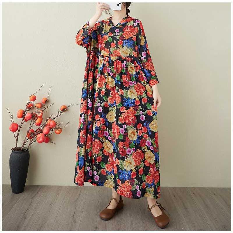 Ladies' Retro Niche Cloud Brocade Yarn Cotton Linen Hooded Printed Dress