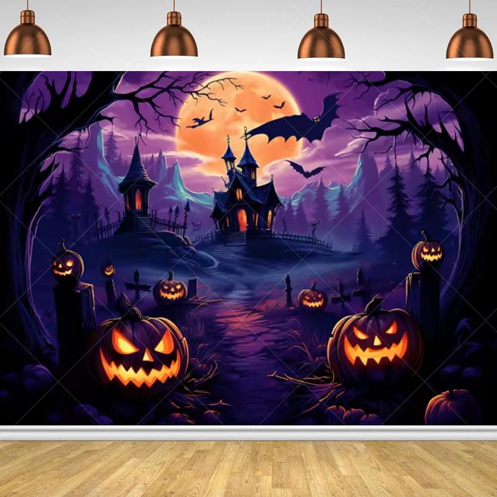 Halloween Horror Night Party Family Gathering Pumpkin Lantern Evil Witch Black Castle Cemetery Forest Background Cloth backdrop