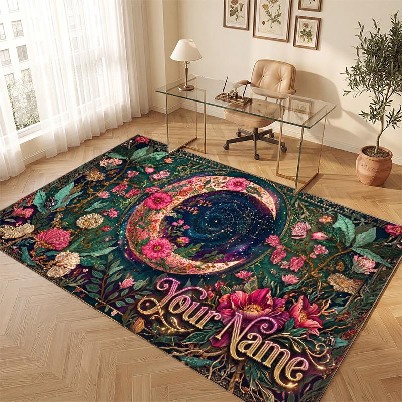 Floral Garden Theme Soft Crystal Velvet Rug Custom Name & Text Print Non Slip Floor Rug for Bedroom Living Room