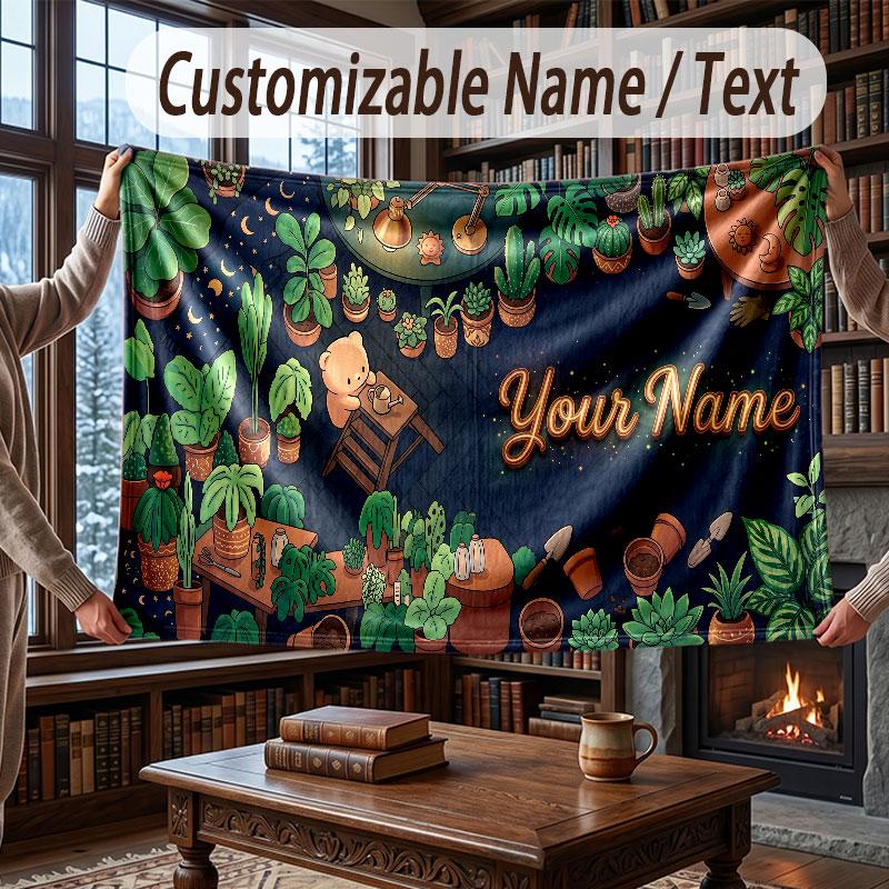 Floral Garden Theme Throw Blanket Custom Name Text Personalized Blanket Soft Cozy Blanket for Home Sofa Bed