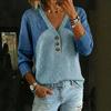 Top Blusa Casual Moda Donna Patchwork Maglia di Jeans Scollo a V Bottoni