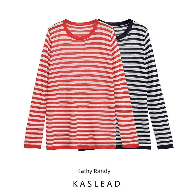 Kaslead New Women Clothes Western Style Fashion Simple and Versatile Thin Stripe Knitted Pullover 9325010