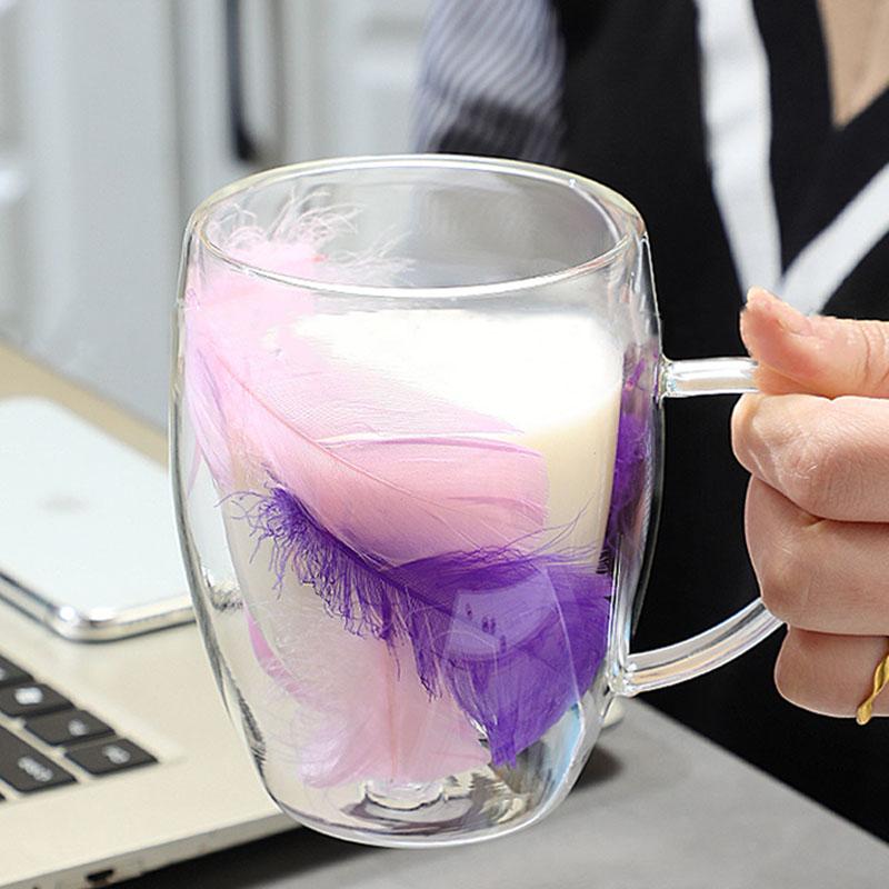 250/350ml Creative Feather Double Wall Glass Cup With Handle Espresso Cups Milk Latte Cappuccino Tea Water Couple Mug Gift
