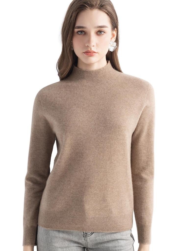Women's Slim Fit Cashmere Knit Base Layer Top - Half-High Neck, Solid Color, Mature Style, Warm Sweater