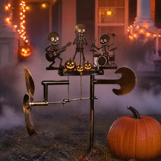 Roterande Metallpåle Halloween Skelett Rocktrio Vindsnurra, Handgjord Kinetisk Trädgårdsskulptur Gård Gräsmatta Prydnad för Utomhusdekor, Unik Musikalisk