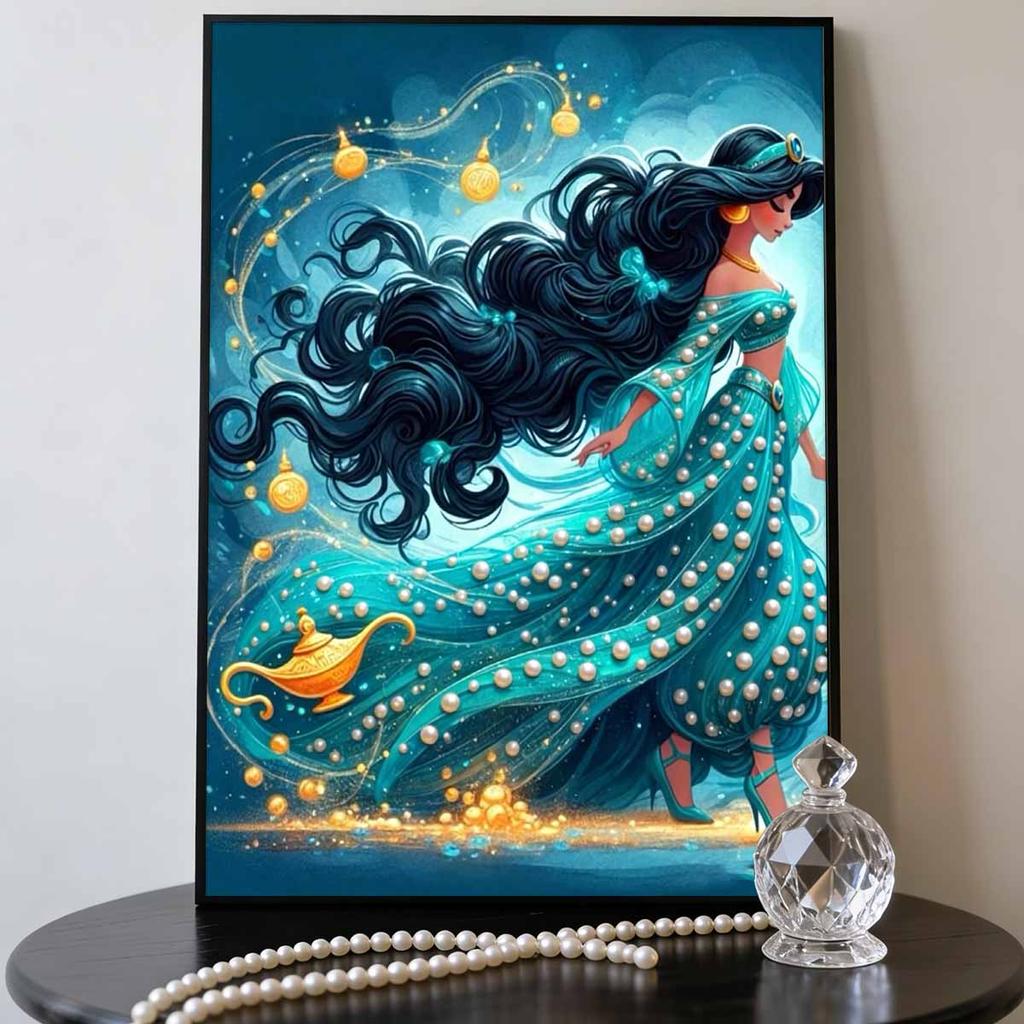 Classic Princess Jasmine Turquoise Pearl Dress Pearl Art Painting Aladdin Golden Magic Lamp Magic Light Belt Pearl Inlaid Frameless Craft Painting
