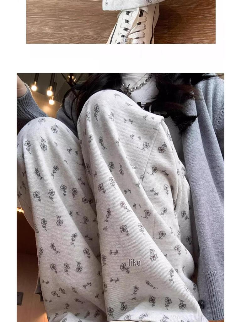 Women's Floral Gray Wide-Leg Sweatpants, 145cm, Petite Fit, Summer Casual