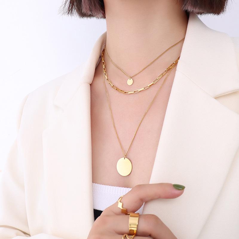 Minimalist Style Gold Titanium Three-Layer Stackable Pendant Necklace